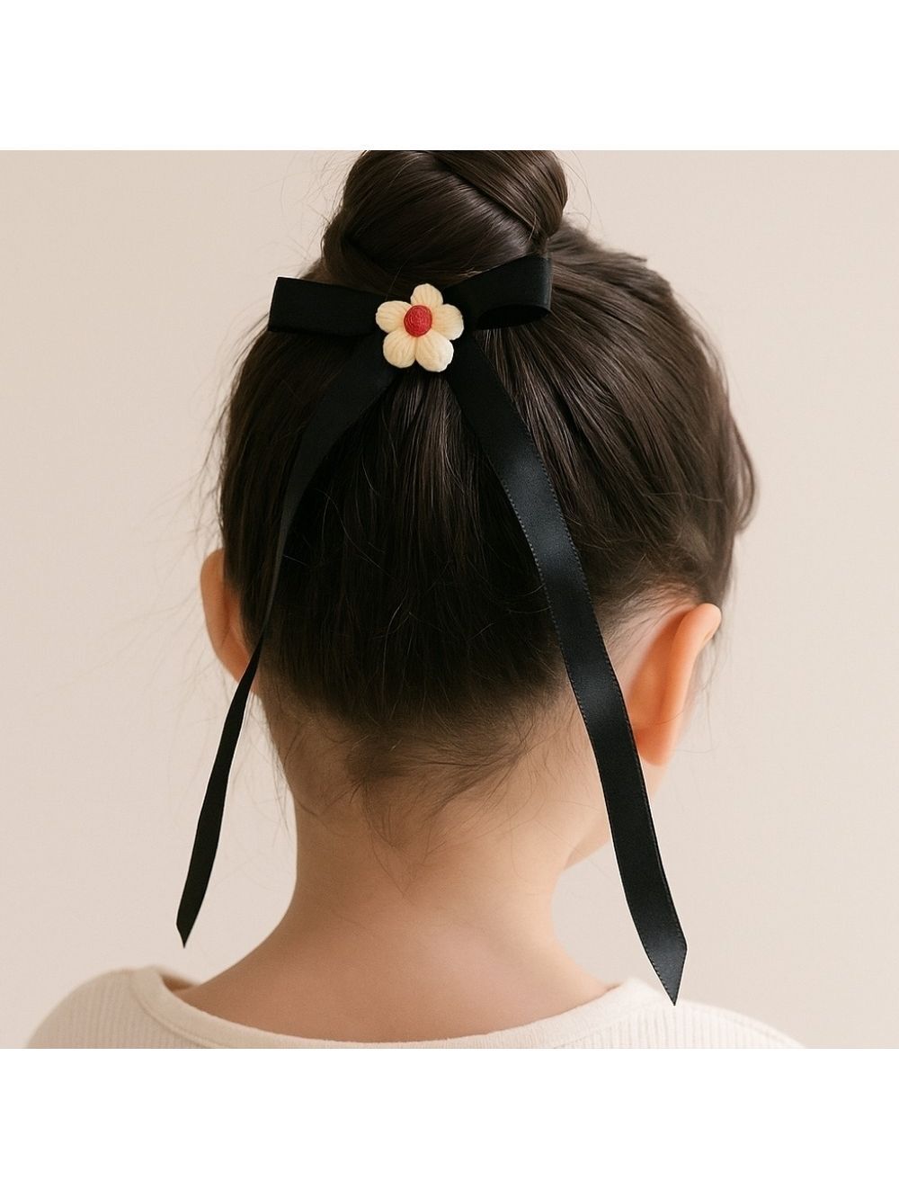 Hand Crafted Bow Hair Clip Black silk ribbon Crochet white and red puffy flower